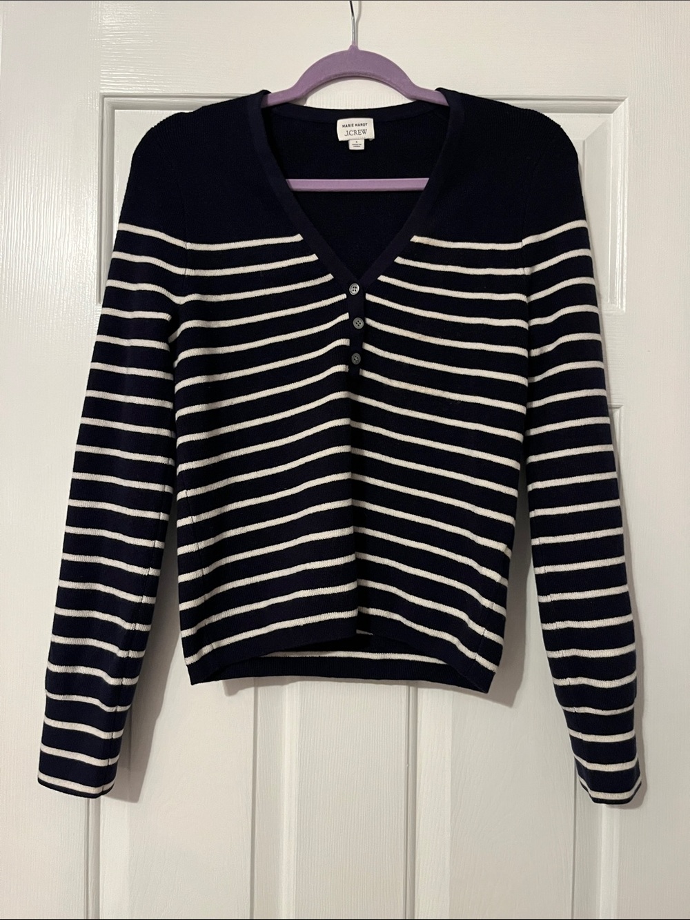 Marie Marot x J. Crew Navy and White Striped V-Neck Silk Blend Sweater